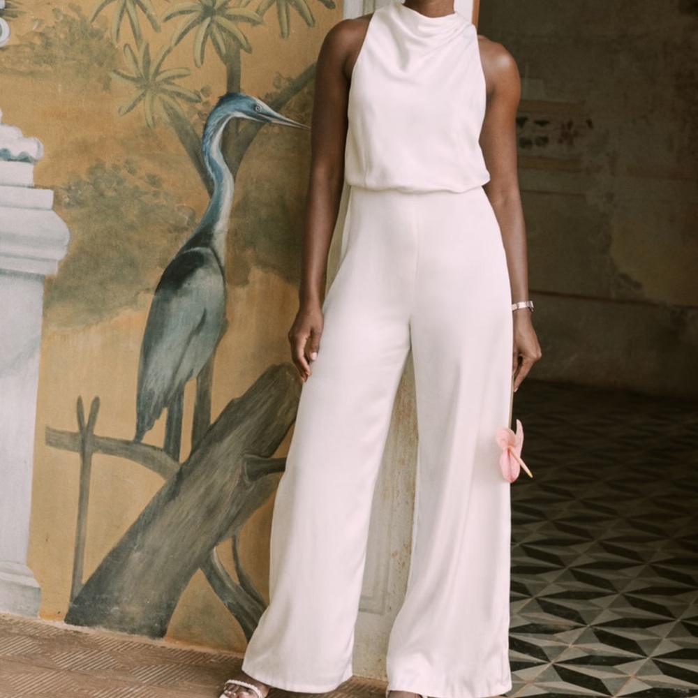 Abercrombie & Fitch Ivory Halter Wide-Leg Jumpsuit